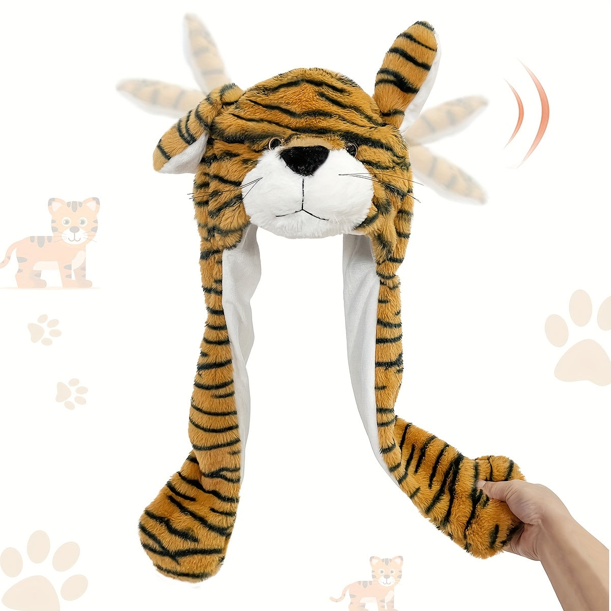Cute Tiger Hat with Moving Ears, Soft Fleece, Animal Theme, Polyester, Woven, Festive Party Cartoon Costume Accessory, Hand Washable\u002FDry Clean Recommended