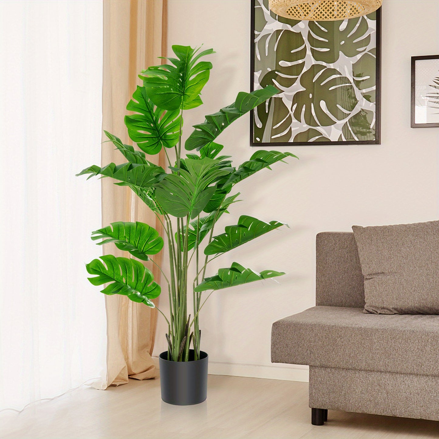 Plante artificielle Monstera Deliciosa Multigot, lot de 2, 1,5 m, avec pot en ciment, 15 grandes feuilles, aucun entretien requis, plantes artificielles d¨¦coratives, d¨¦coration int¨¦rieure et ext¨¦rieure pour la maison et le bureau.