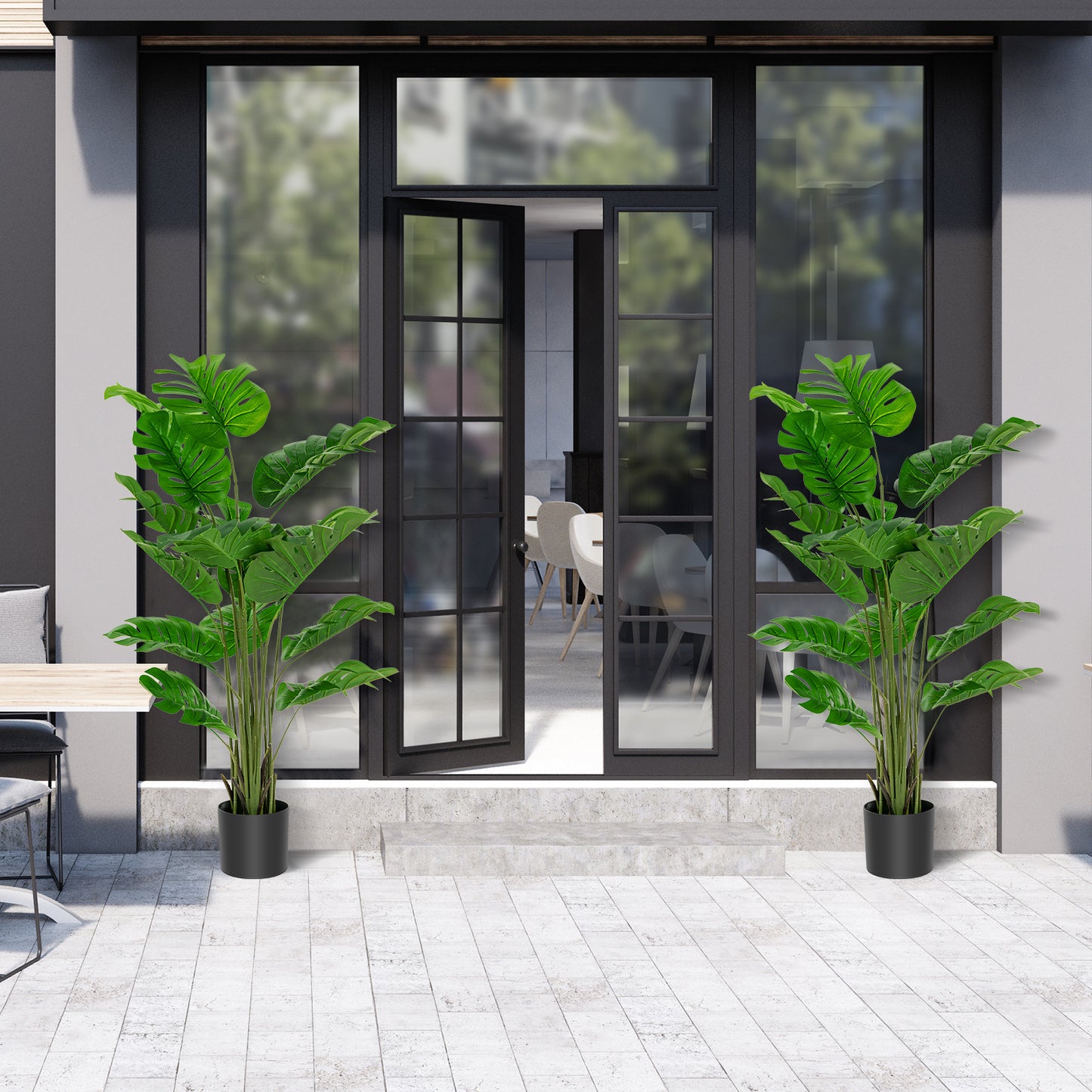 Plante artificielle Monstera Deliciosa Multigot, lot de 2, 1,5 m, avec pot en ciment, 15 grandes feuilles, aucun entretien requis, plantes artificielles d¨¦coratives, d¨¦coration int¨¦rieure et ext¨¦rieure pour la maison et le bureau.