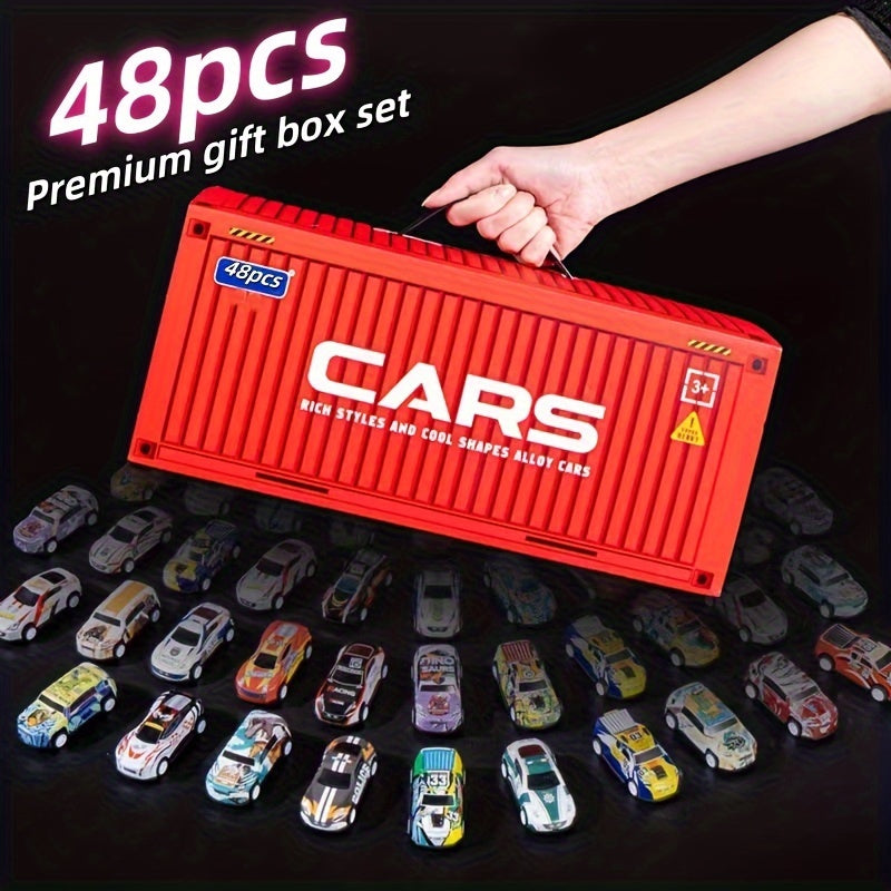 48pcs Die-Cast Racing Car Set with Pull Back Mechanism And Container Storage Case - Diverse Iron Alloy Vehicles, Educational Playset for Ages 3+, Ideal Birthday And Holiday Gift for Winter