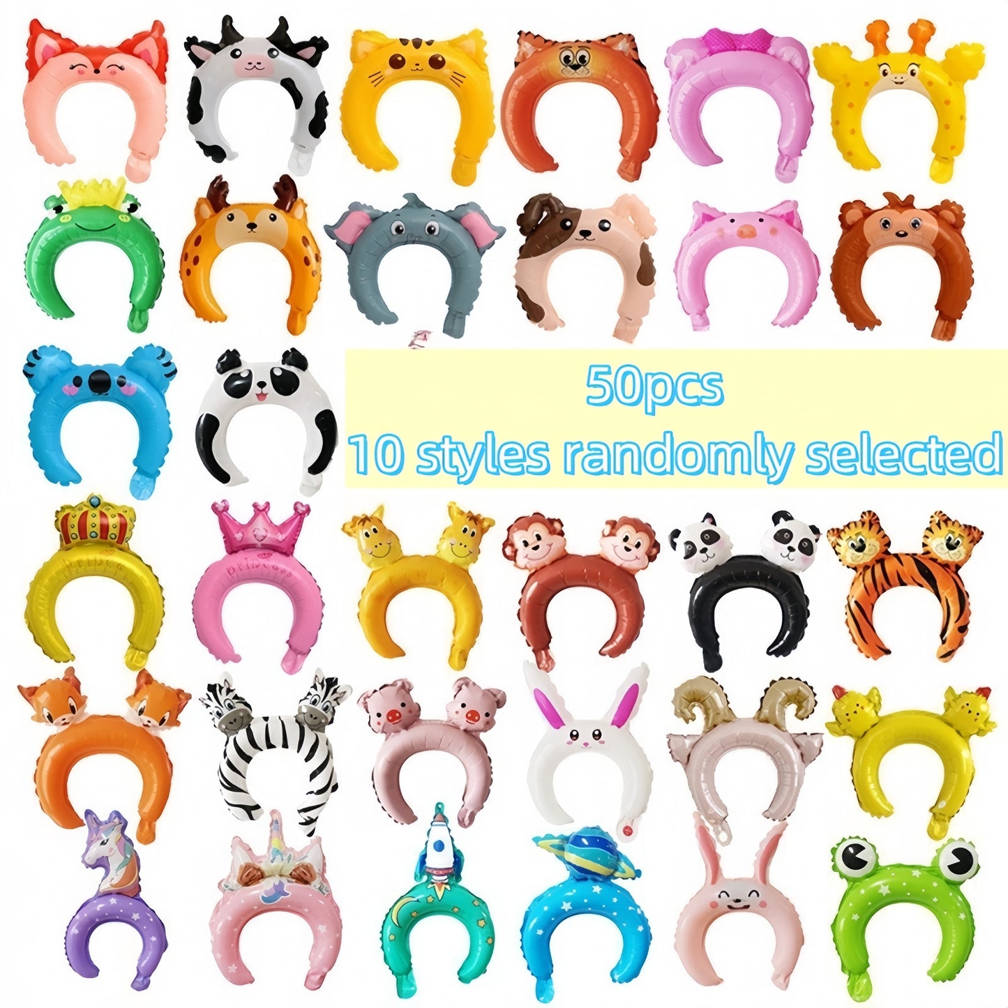 50pcs 10 Styles Zoo Animal Inflatable Headbands Wildlife Safari Balloon Hair Hoop Animals Balloons Hat for Jungle Theme Birthday Party Favors, Assorted Style, Easter Room Decor