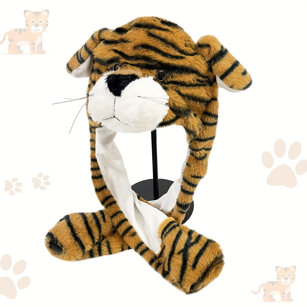 Cute Tiger Hat with Moving Ears, Soft Fleece, Animal Theme, Polyester, Woven, Festive Party Cartoon Costume Accessory, Hand Washable\u002FDry Clean Recommended