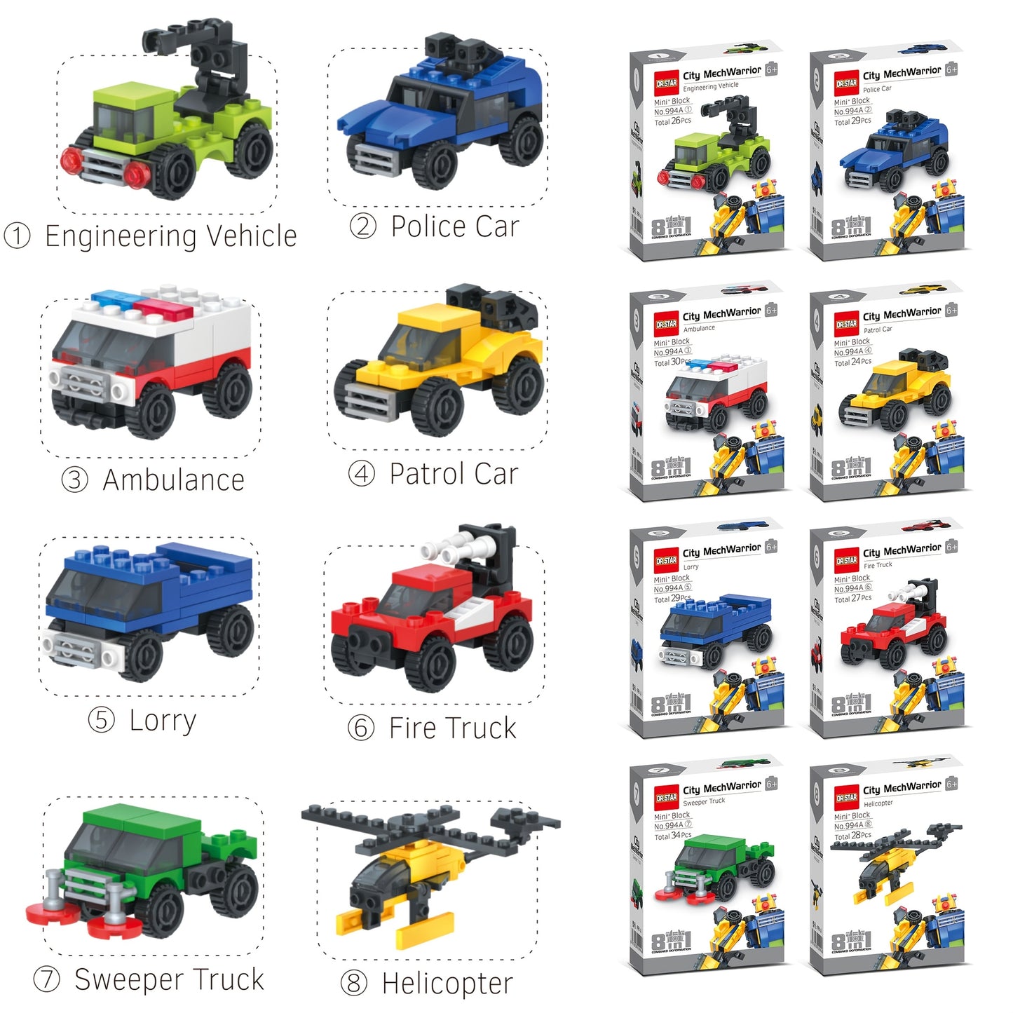 8pcs Urban Vehicle Building Blocks Set - Includes 8 Unique City Cars & Mecha Warrior - Ideal for Christmas, Thanksgiving, Birthday Gifts