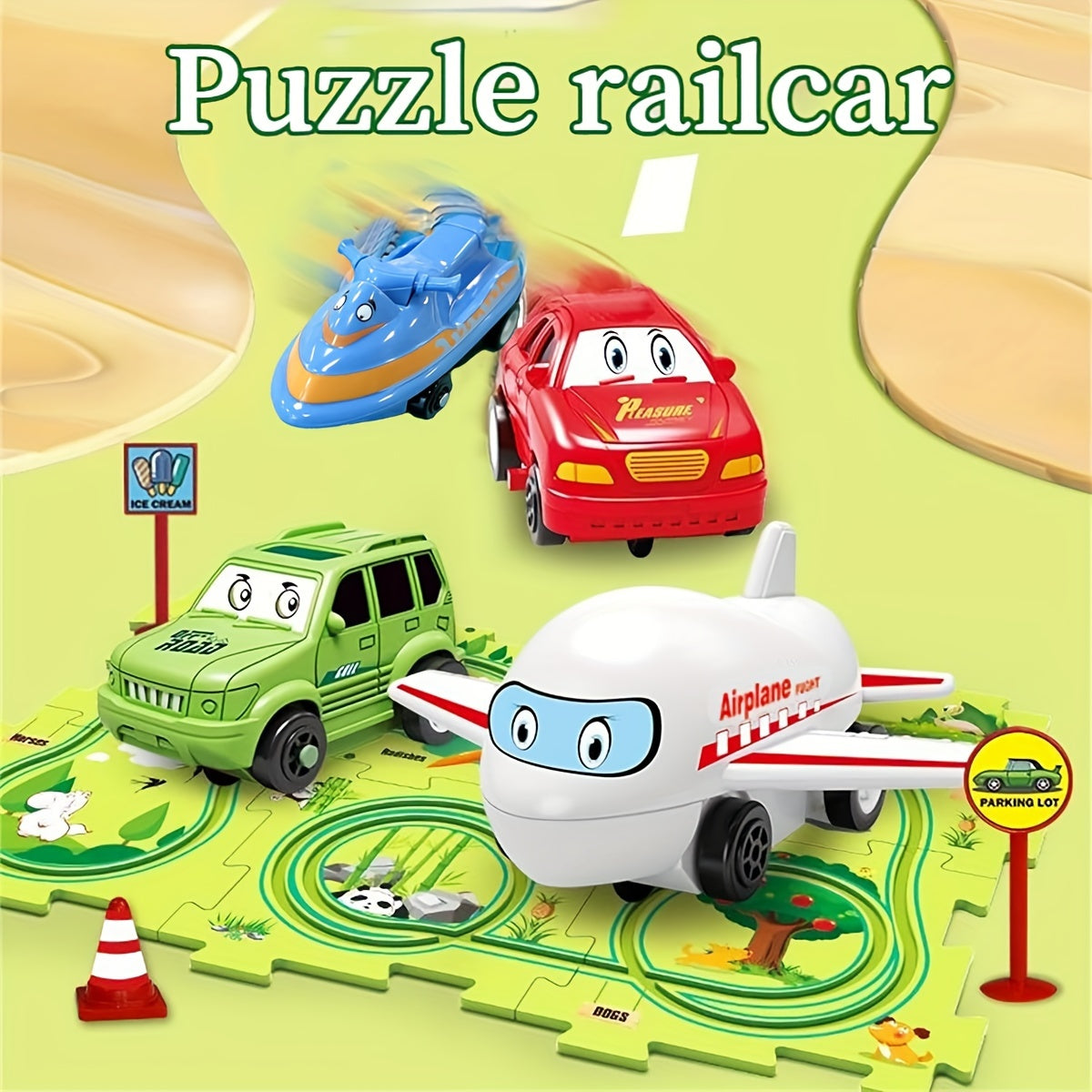 25pcs Puzzle Racer Car Track Set, Multiple Themes Jigsaw Puzzle Racer Car Track Set, Vehicle & Puzzle Board. Gift(Batteries Not Included)