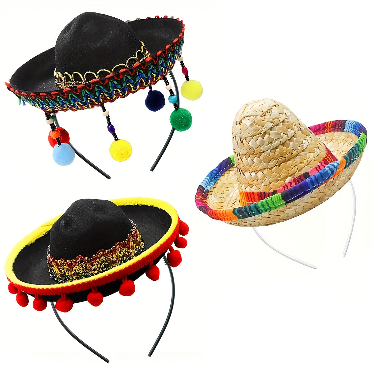 3pcs Glamorous Carnival & Fiesta Party Hats - Colorful Mini Sombreros for Birthday Celebrations, Polyester