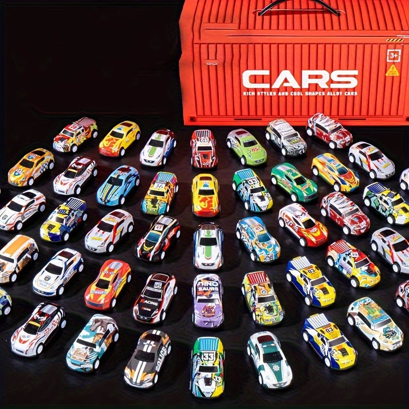 48pcs Die-Cast Racing Car Set with Pull Back Mechanism And Container Storage Case - Diverse Iron Alloy Vehicles, Educational Playset for Ages 3+, Ideal Birthday And Holiday Gift for Winter