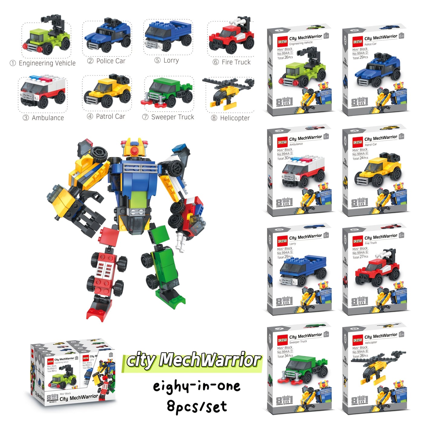 8pcs Urban Vehicle Building Blocks Set - Includes 8 Unique City Cars & Mecha Warrior - Ideal for Christmas, Thanksgiving, Birthday Gifts
