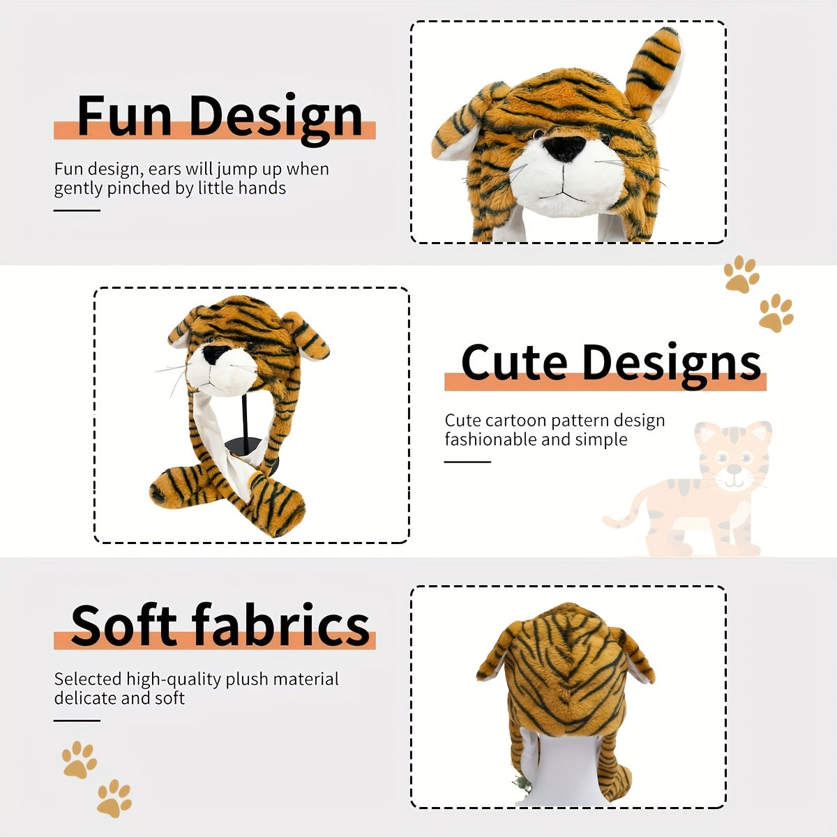 Cute Tiger Hat with Moving Ears, Soft Fleece, Animal Theme, Polyester, Woven, Festive Party Cartoon Costume Accessory, Hand Washable\u002FDry Clean Recommended