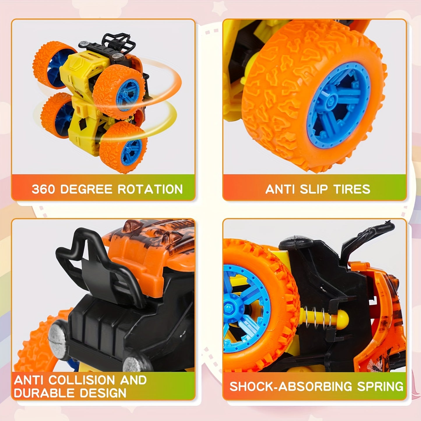 4pcs Push & Go Friction-Powered Monster Trucks - Double-Direction Inertia Cars with 360° Rotation, Durable Pull Back Vehicle Set - Perfect Birthday Gift for Youngsters 3+