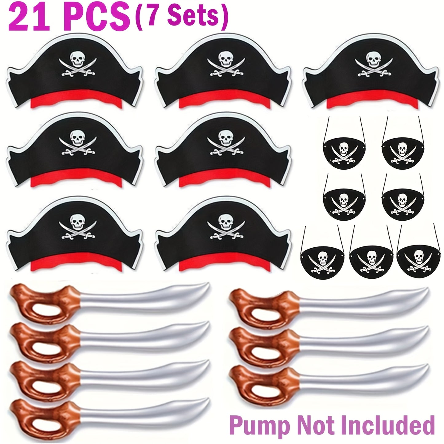 21pcs Pirate Party Favors Set 21pcs Pirate Party Favors Set, Plastic Pirate Costume Accessories, with 7 Pirate Hats, 7 Eye Masks, 7 Toy Swords, for Role Play & Themed Events, Rewards & Treats, Suitable for Ages 14+