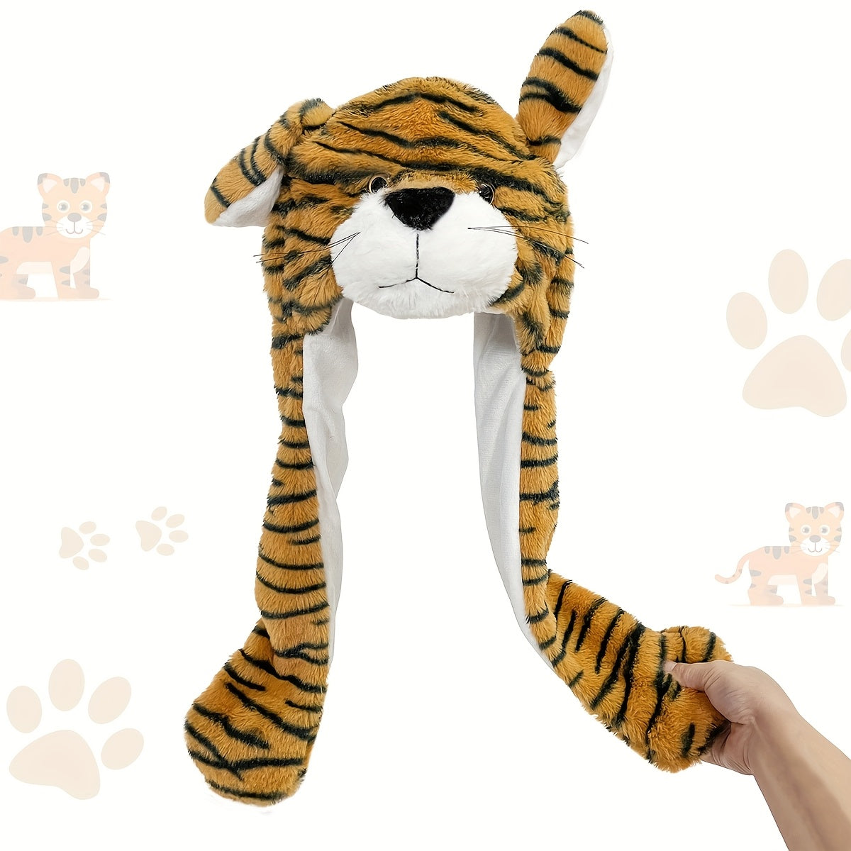 Cute Tiger Hat with Moving Ears, Soft Fleece, Animal Theme, Polyester, Woven, Festive Party Cartoon Costume Accessory, Hand Washable\u002FDry Clean Recommended