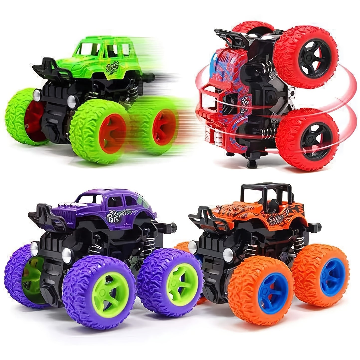 4pcs Push & Go Friction-Powered Monster Trucks - Double-Direction Inertia Cars with 360° Rotation, Durable Pull Back Vehicle Set - Perfect Birthday Gift for Youngsters 3+