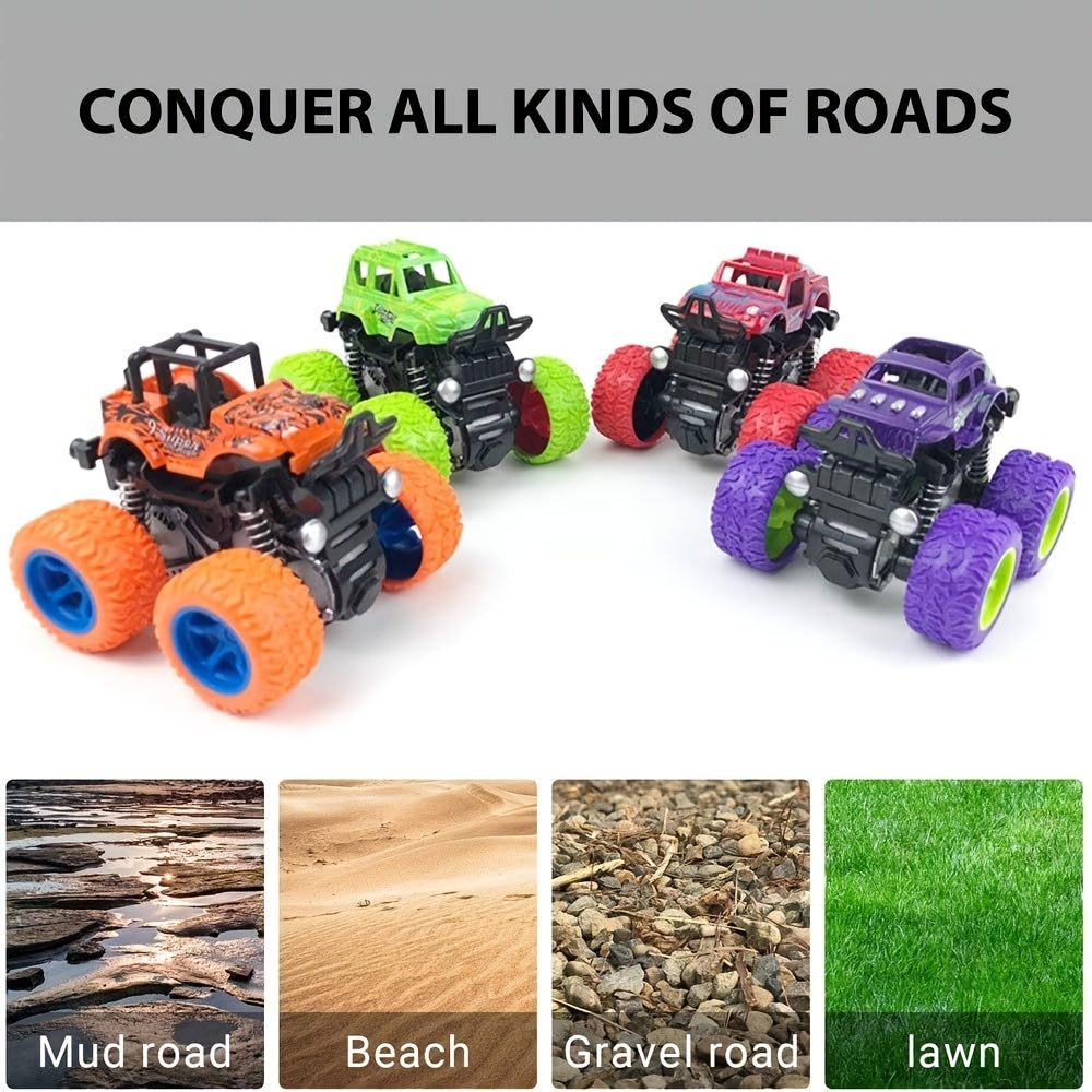 4pcs Push & Go Friction-Powered Monster Trucks - Double-Direction Inertia Cars with 360° Rotation, Durable Pull Back Vehicle Set - Perfect Birthday Gift for Youngsters 3+