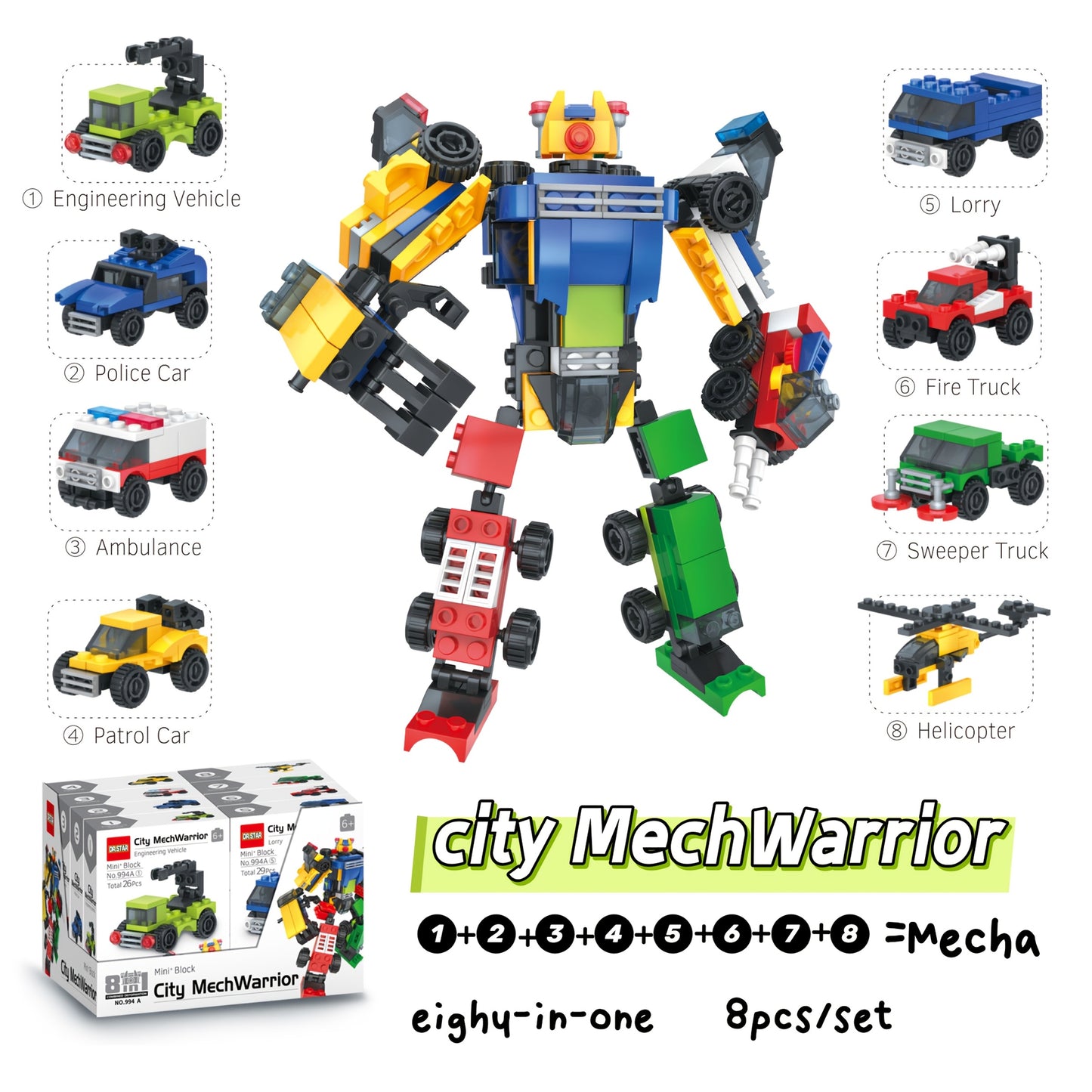 8pcs Urban Vehicle Building Blocks Set - Includes 8 Unique City Cars & Mecha Warrior - Ideal for Christmas, Thanksgiving, Birthday Gifts