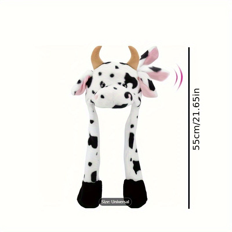 1 cow hat, ear movement jumping pop-up assault hat, plush holiday role-playing costume fun gift