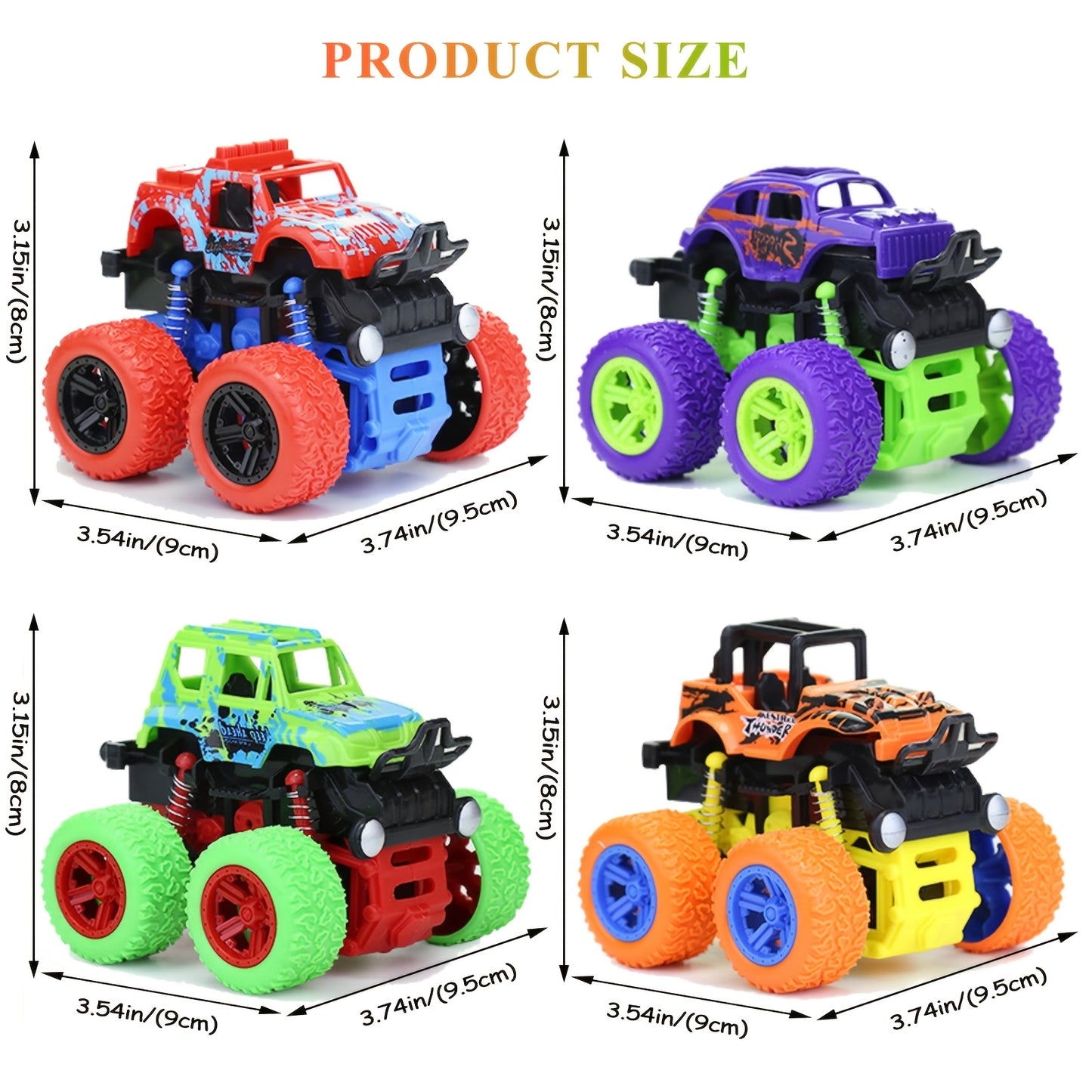 4pcs Push & Go Friction-Powered Monster Trucks - Double-Direction Inertia Cars with 360° Rotation, Durable Pull Back Vehicle Set - Perfect Birthday Gift for Youngsters 3+
