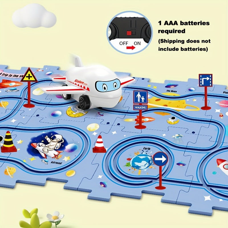 25pcs Puzzle Racer Car Track Set, Multiple Themes Jigsaw Puzzle Racer Car Track Set, Vehicle & Puzzle Board. Gift(Batteries Not Included)