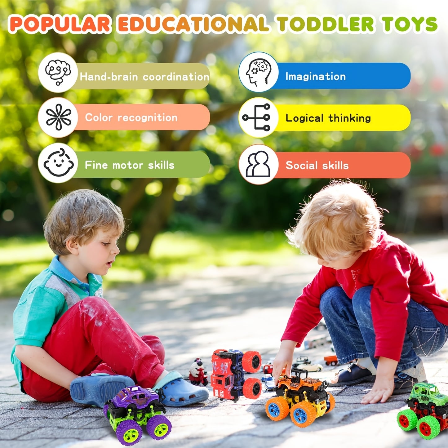 4pcs Push & Go Friction-Powered Monster Trucks - Double-Direction Inertia Cars with 360° Rotation, Durable Pull Back Vehicle Set - Perfect Birthday Gift for Youngsters 3+