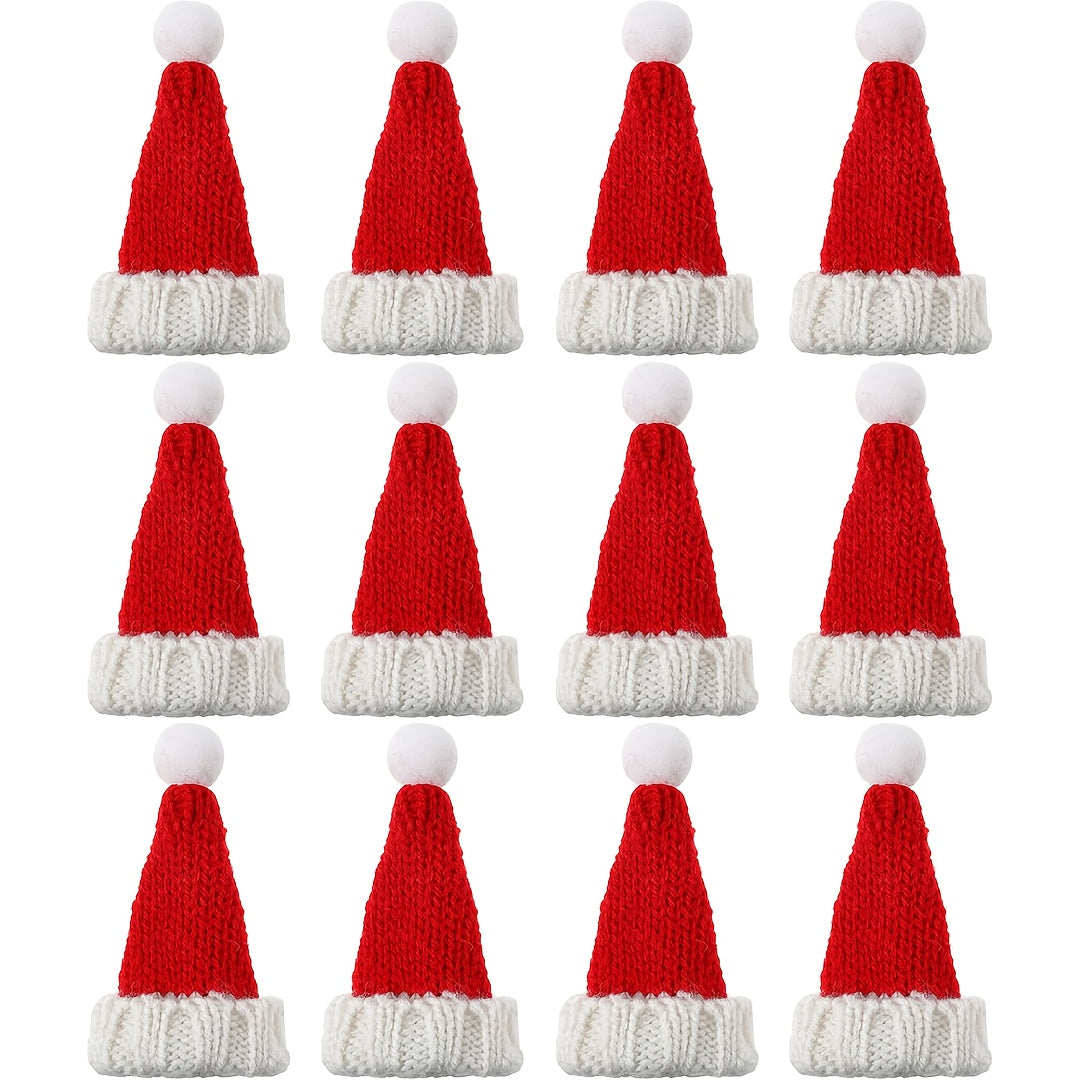 12pcs Mini Santa Hats for Crafts - Handmade Knit Christmas Caps, Wine Bottle Toppers & Table Decorations, Red