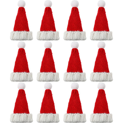12pcs Mini Santa Hats for Crafts - Handmade Knit Christmas Caps, Wine Bottle Toppers & Table Decorations, Red