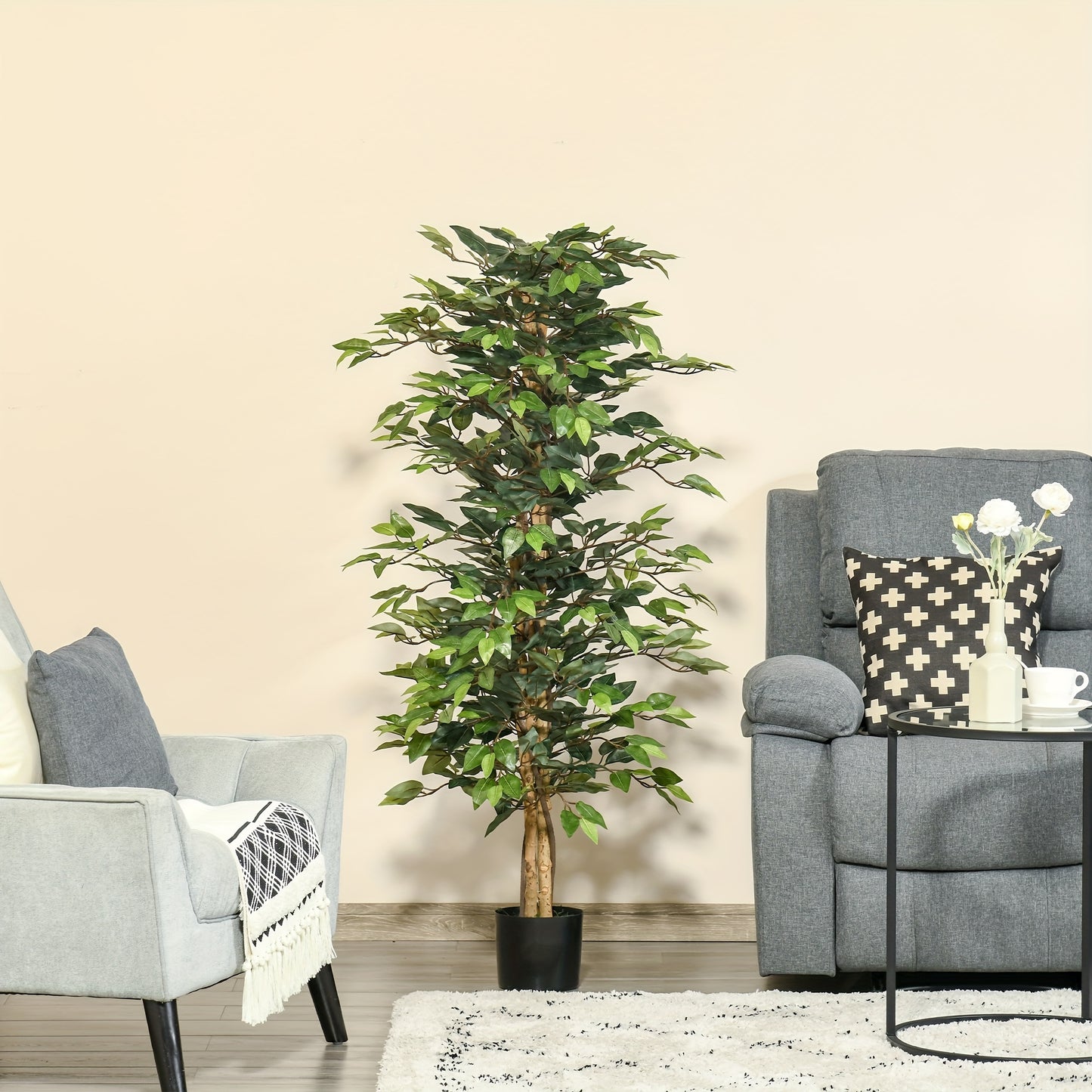 Arbre artificiel en Ficus de 5 pieds, faux arbre avec feuilles, plante artificielle dans un pot de p¨¦pini¨¨re pour la d¨¦coration int¨¦rieure et ext¨¦rieure