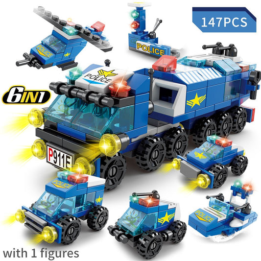 147pcs 6in 1 City Police Series Car Model Small Particle Building Blocks Assembling Children Bricks Puzzle Toys Gift