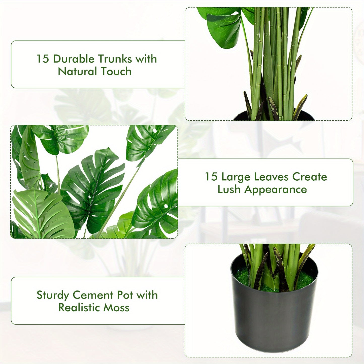 Plante artificielle Monstera Deliciosa Multigot, lot de 2, 1,5 m, avec pot en ciment, 15 grandes feuilles, aucun entretien requis, plantes artificielles d¨¦coratives, d¨¦coration int¨¦rieure et ext¨¦rieure pour la maison et le bureau.