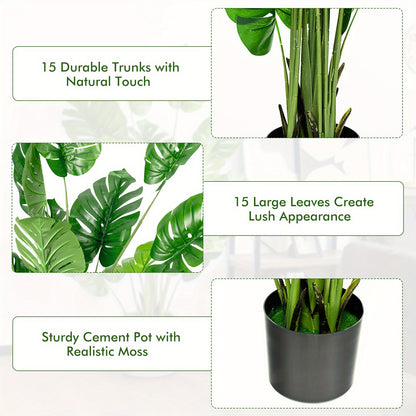 Plante artificielle Monstera Deliciosa Multigot, lot de 2, 1,5 m, avec pot en ciment, 15 grandes feuilles, aucun entretien requis, plantes artificielles d¨¦coratives, d¨¦coration int¨¦rieure et ext¨¦rieure pour la maison et le bureau.
