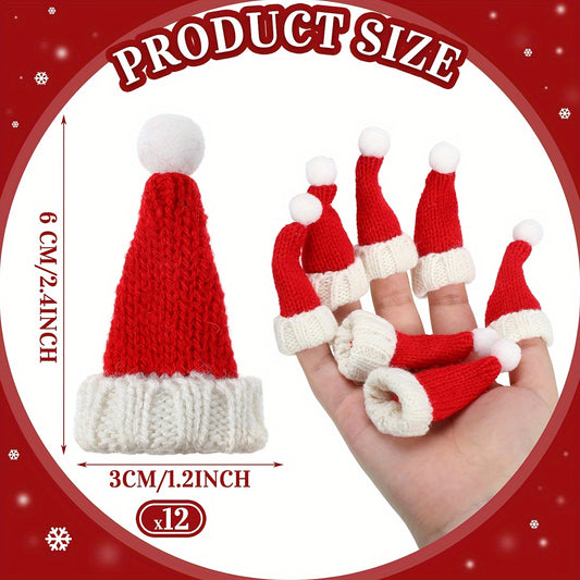 12pcs Mini Santa Hats for Crafts - Handmade Knit Christmas Caps, Wine Bottle Toppers & Table Decorations, Red