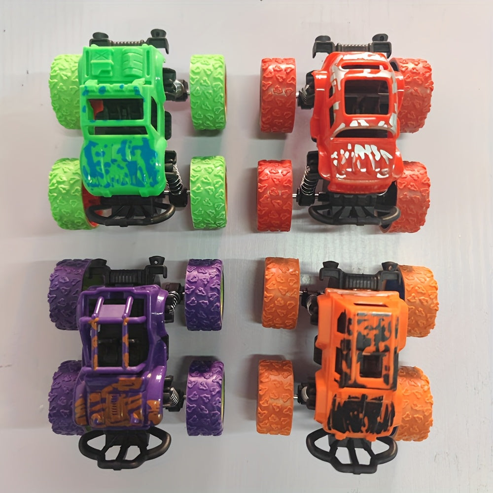 4pcs Push & Go Friction-Powered Monster Trucks - Double-Direction Inertia Cars with 360° Rotation, Durable Pull Back Vehicle Set - Perfect Birthday Gift for Youngsters 3+