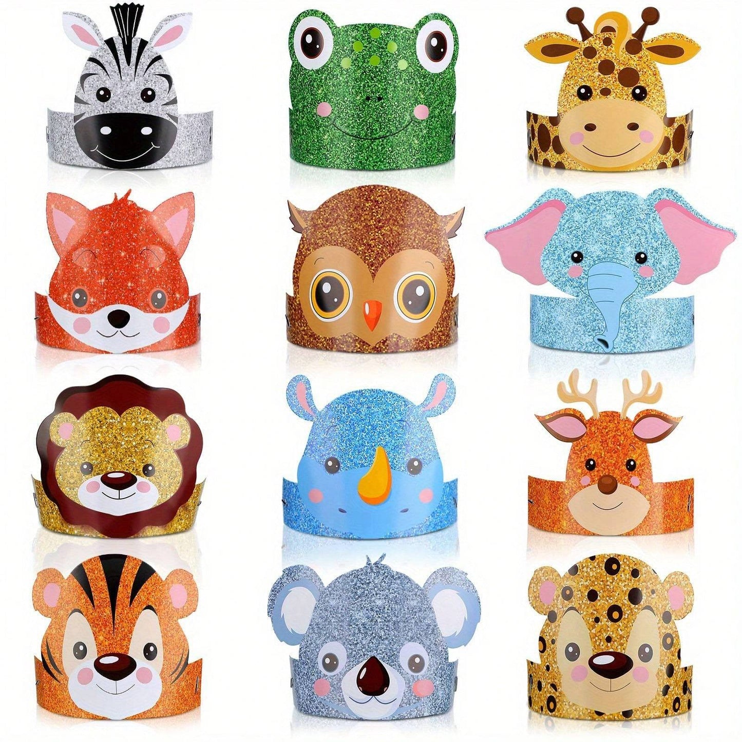 12pcs Youngsters' Glitter Animal Party Hats - Fun Cartoon Designs (Zebra, Frog, Giraffe, Lion & More) for Birthdays, Halloween, Christmas & Carnival Celebrations