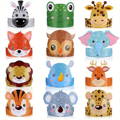 12pcs Youngsters' Glitter Animal Party Hats - Fun Cartoon Designs (Zebra, Frog, Giraffe, Lion & More) for Birthdays, Halloween, Christmas & Carnival Celebrations