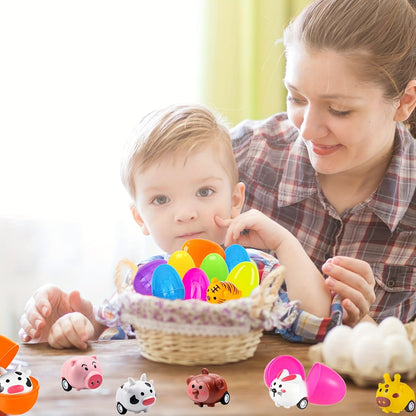 24pcs Easter Eggs with Pull Back Car Toys, Plastic Eggs with Cartoon Animal Vehicles for Kids Easter Egg Hunts, Easter Basket Stuffers Fillers, Easter Party Favor Classroom Prize Supplies