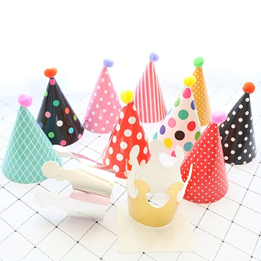 11pcs Colorful Paper Cone Party Hats Set with Pom Poms and 2 Crowns, Cute Cake Topper Decorations for Birthday, Christmas, Gala Celebrations