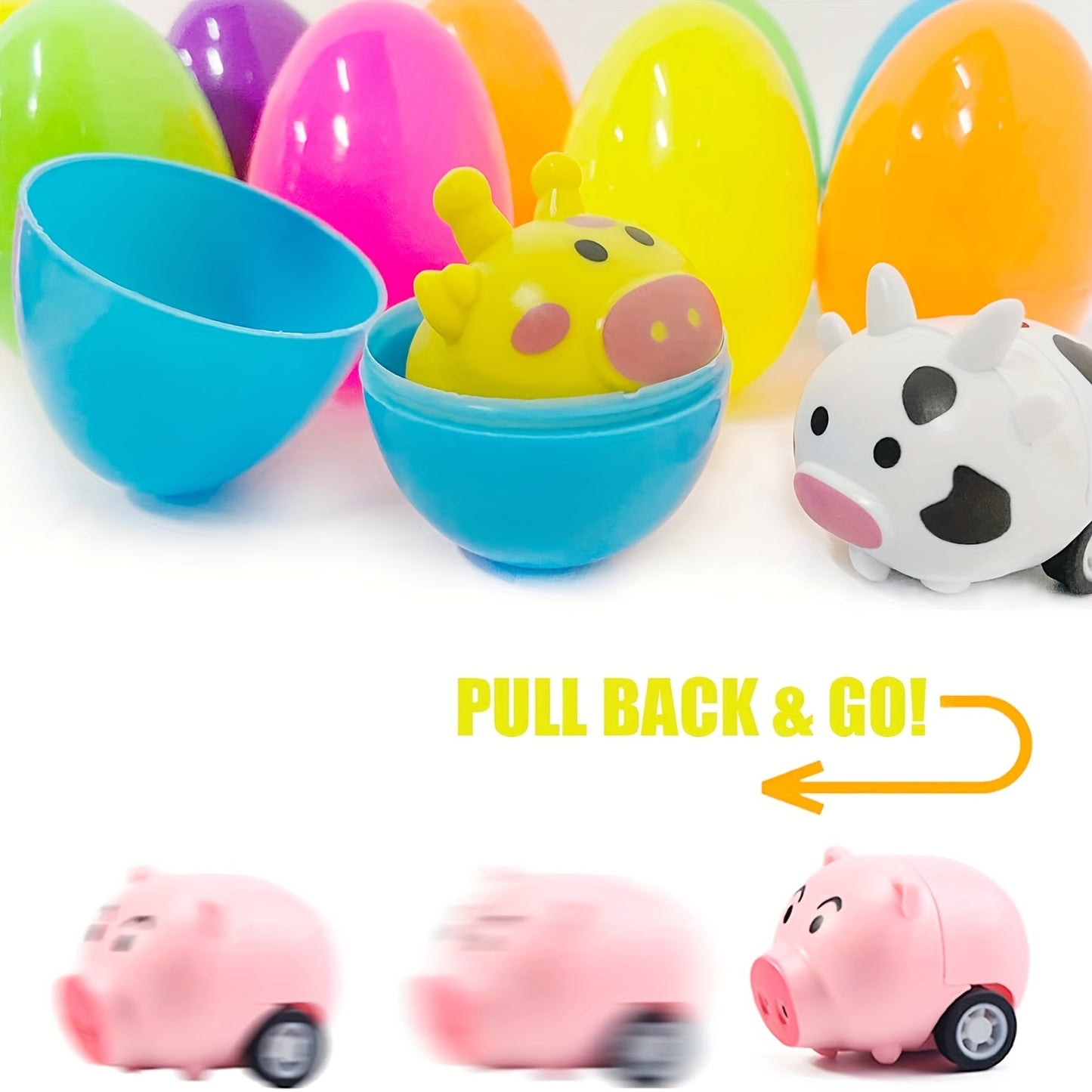 24pcs Easter Eggs with Pull Back Car Toys, Plastic Eggs with Cartoon Animal Vehicles for Kids Easter Egg Hunts, Easter Basket Stuffers Fillers, Easter Party Favor Classroom Prize Supplies