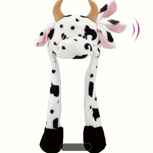 1 cow hat, ear movement jumping pop-up assault hat, plush holiday role-playing costume fun gift