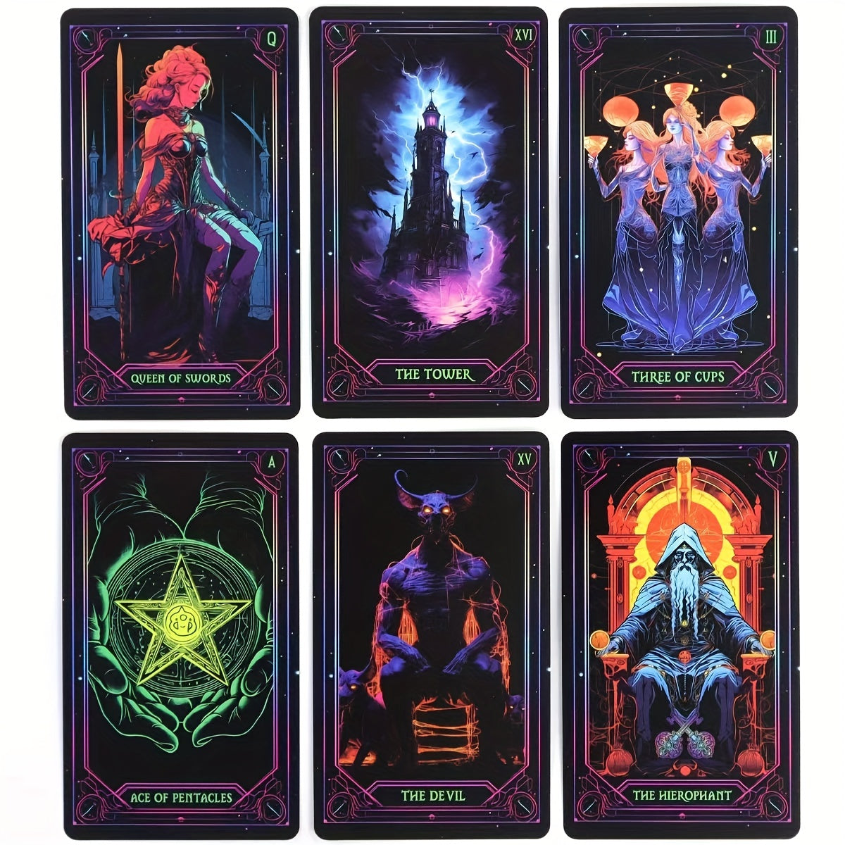 Neon-Inspired Tarot Card Game Set - Majestic Fantasy Themed Playing Cards, Paper Material, 78 Cards with Artistic Illustrations for Divination and Gaming
