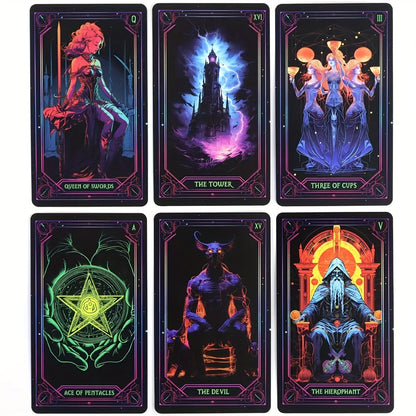 Neon-Inspired Tarot Card Game Set - Majestic Fantasy Themed Playing Cards, Paper Material, 78 Cards with Artistic Illustrations for Divination and Gaming