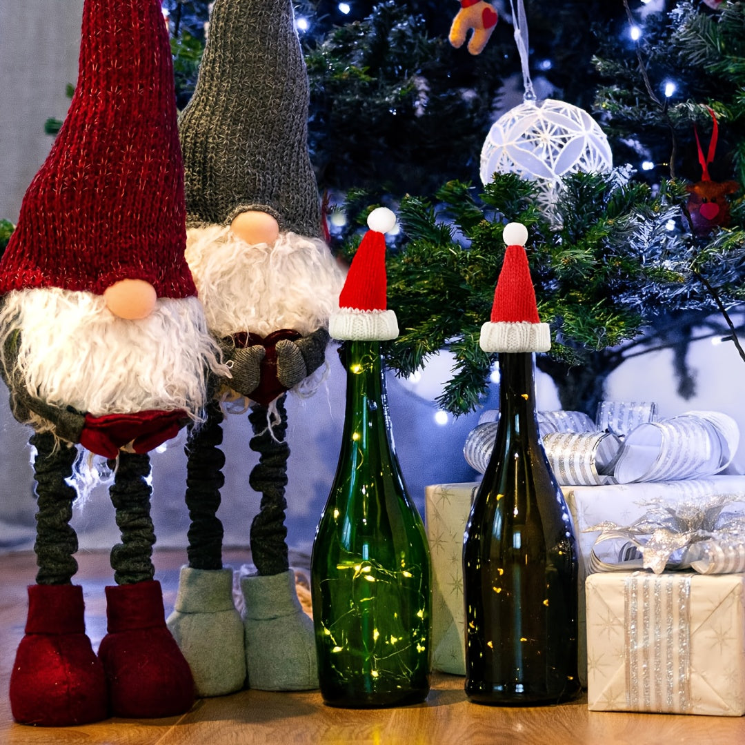 12pcs Mini Santa Hats for Crafts - Handmade Knit Christmas Caps, Wine Bottle Toppers & Table Decorations, Red