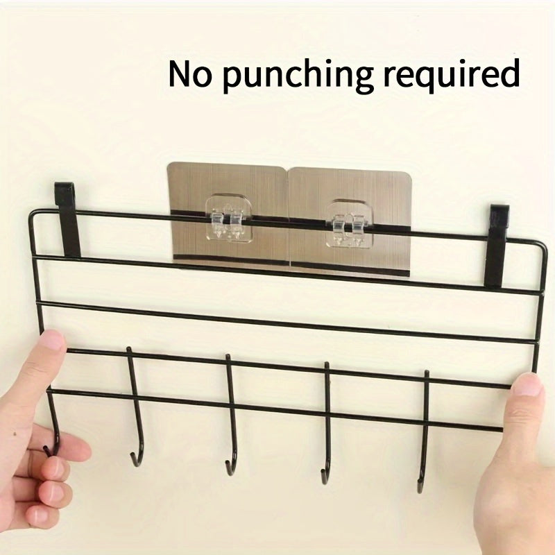 No-Drill Double-Row Bathroom Shelf with 4 Seamless Hooks & Adhesive Clips ¨C Easy Install, Black Plastic Design for Organized Storage of Toiletries and Accessories, Utility Hook, Utility Hooks