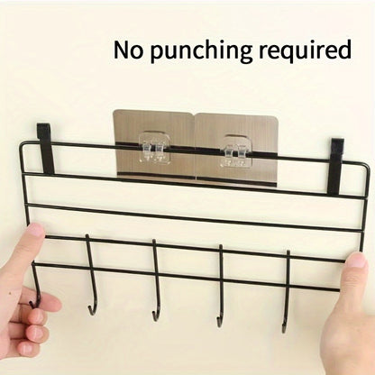 No-Drill Double-Row Bathroom Shelf with 4 Seamless Hooks & Adhesive Clips ¨C Easy Install, Black Plastic Design for Organized Storage of Toiletries and Accessories, Utility Hook, Utility Hooks