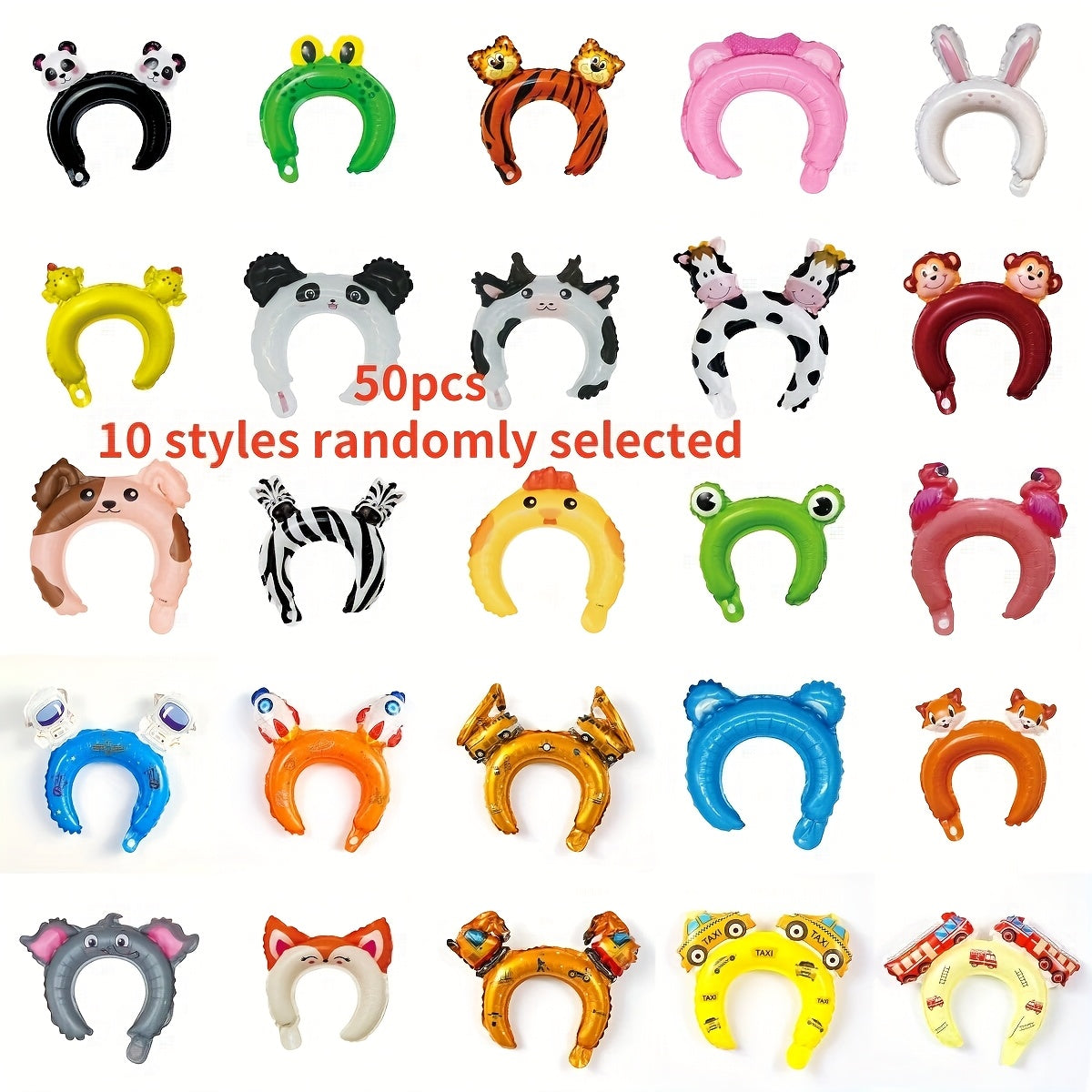 50pcs 10 Styles Zoo Animal Inflatable Headbands Wildlife Safari Balloon Hair Hoop Animals Balloons Hat for Jungle Theme Birthday Party Favors, Assorted Style, Easter Room Decor