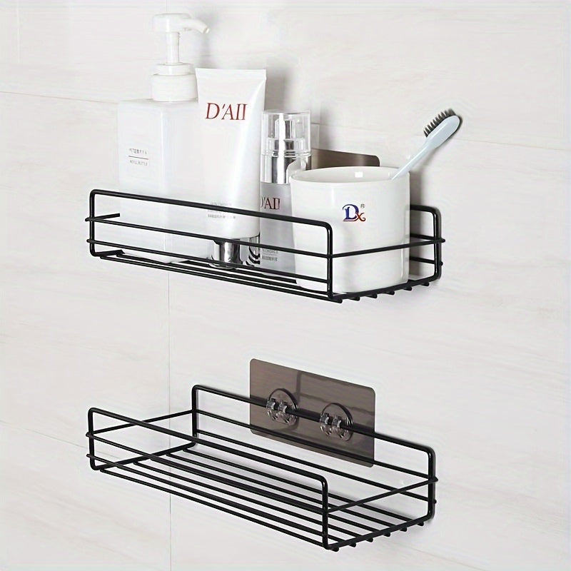 No-Drill Double-Row Bathroom Shelf with 4 Seamless Hooks & Adhesive Clips ¨C Easy Install, Black Plastic Design for Organized Storage of Toiletries and Accessories, Utility Hook, Utility Hooks