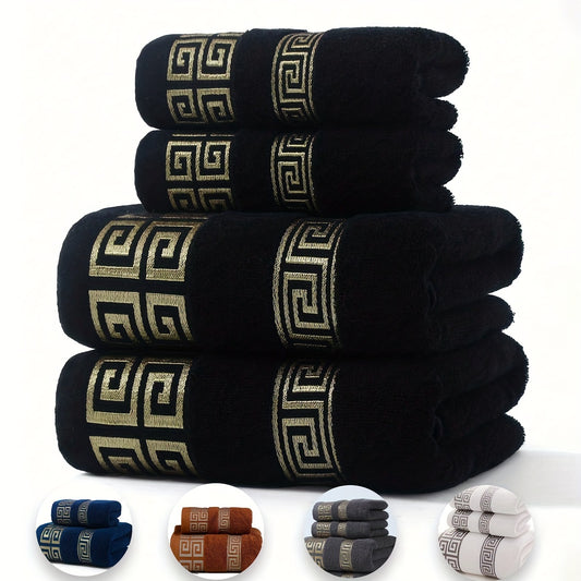 Luxurious Pure Cotton Geometric Pattern Towel - Soft, Absorbent, Quick-Dry for Bath or Face, 13.39x29.53inch or 27.56x55.12inch, Black with Golden Thread, Modern Design, Hand Wash Only, Bath Towels