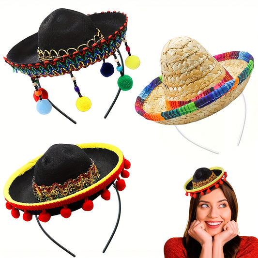 3pcs Glamorous Carnival & Fiesta Party Hats - Colorful Mini Sombreros for Birthday Celebrations, Polyester