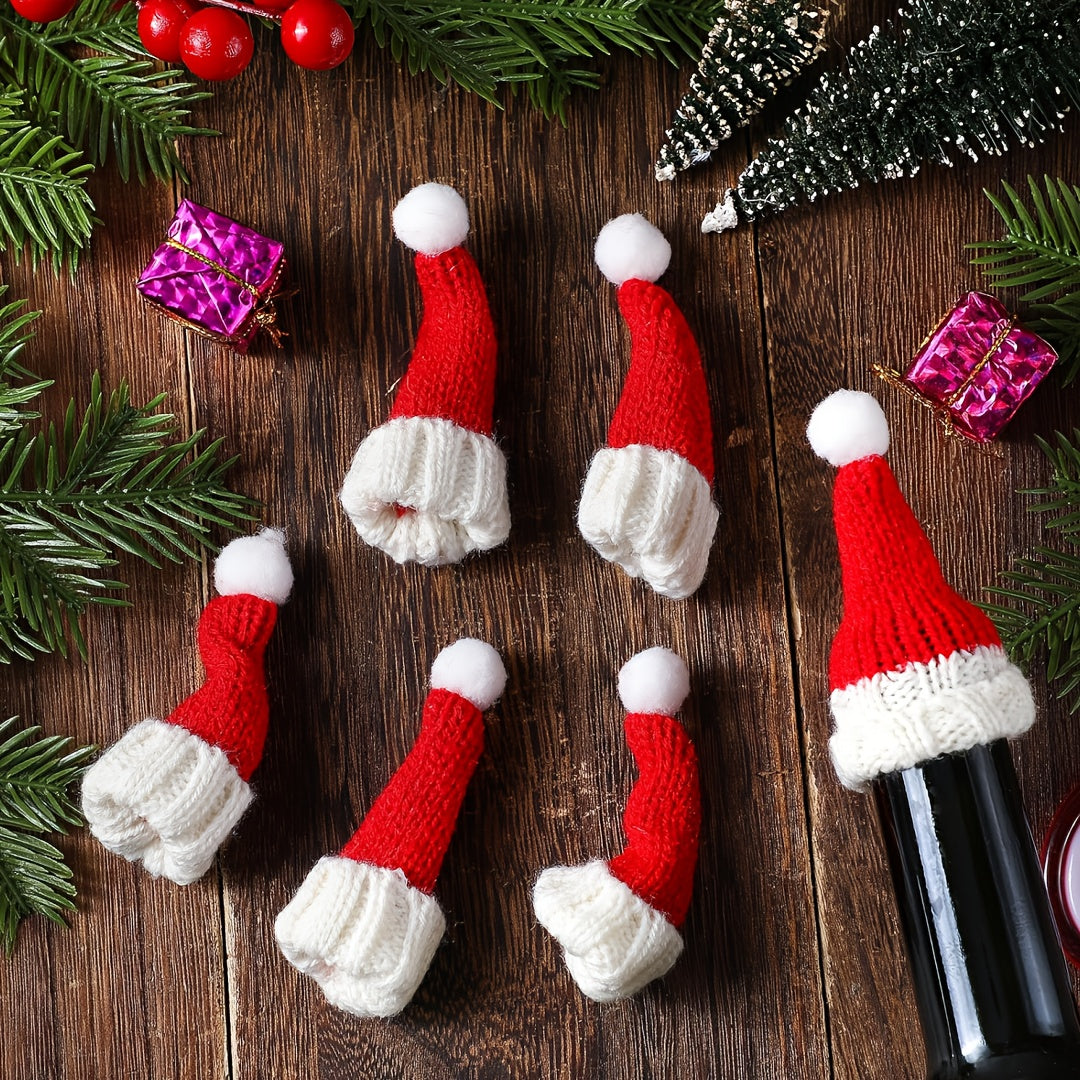 12pcs Mini Santa Hats for Crafts - Handmade Knit Christmas Caps, Wine Bottle Toppers & Table Decorations, Red
