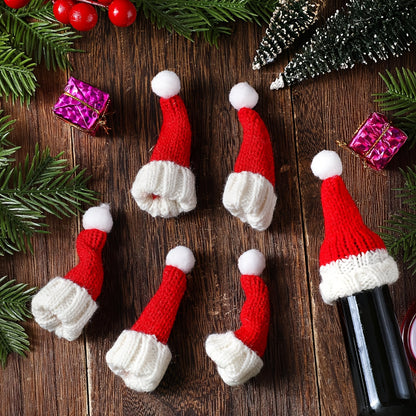 12pcs Mini Santa Hats for Crafts - Handmade Knit Christmas Caps, Wine Bottle Toppers & Table Decorations, Red