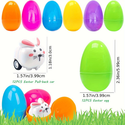 24pcs Easter Eggs with Pull Back Car Toys, Plastic Eggs with Cartoon Animal Vehicles for Kids Easter Egg Hunts, Easter Basket Stuffers Fillers, Easter Party Favor Classroom Prize Supplies