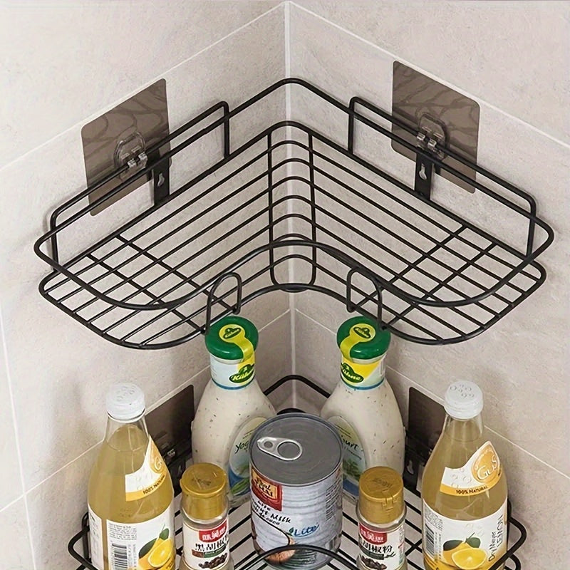 No-Drill Double-Row Bathroom Shelf with 4 Seamless Hooks & Adhesive Clips ¨C Easy Install, Black Plastic Design for Organized Storage of Toiletries and Accessories, Utility Hook, Utility Hooks
