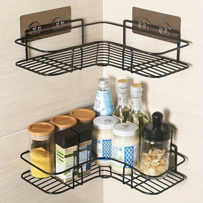 No-Drill Double-Row Bathroom Shelf with 4 Seamless Hooks & Adhesive Clips ¨C Easy Install, Black Plastic Design for Organized Storage of Toiletries and Accessories, Utility Hook, Utility Hooks